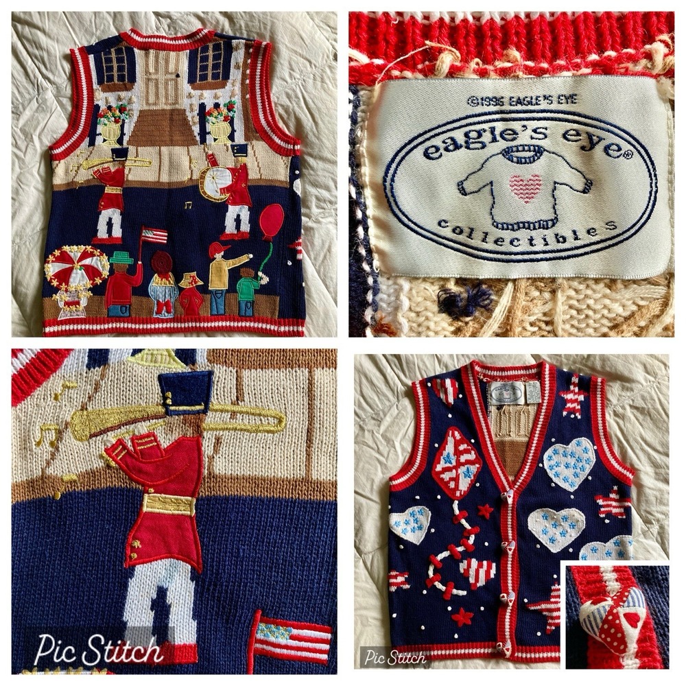 Vtg 1996 Eagles Eye Hand Knit Sweater Vest 3D Americana Marching Band USA Med